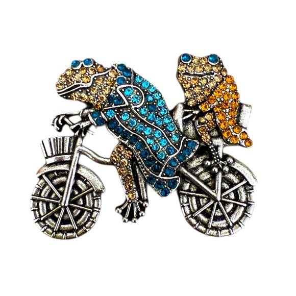 Mint Jewelry - Frog Duo Bicycle Brooch with Crystals in Silver Tone